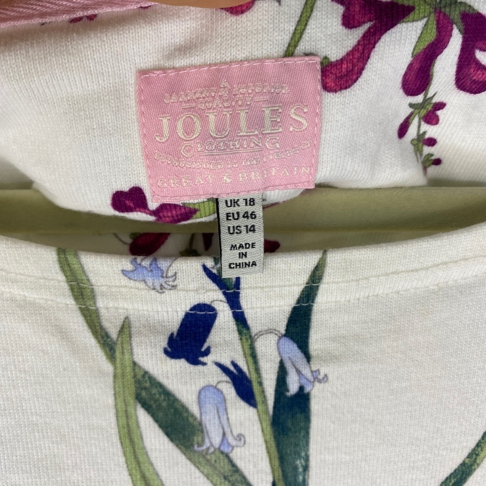 Joules Women White Floral Botanical Bluebell Cotton Top US 14 UK 18 3/4 Sleeve - Picture 3 of 12